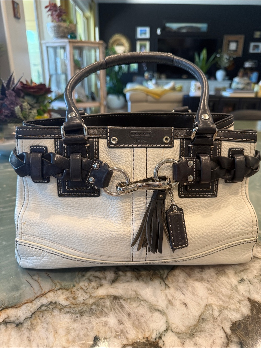 Coach Cream Leather Satchel with Dark Brown Trim and Braided Accent